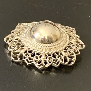 TRIFARI Signed Vintage Silver Plated Round Filigree Brooch With Center Bubble